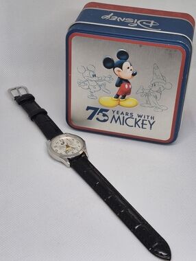 DISNEY Mickey Mouse 75th Anniversary Watch Black Leather Strap NEW BATTERY
